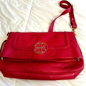 Tory Burch Elegant Red Leather Adjustable Fold Over Shoulder Bag